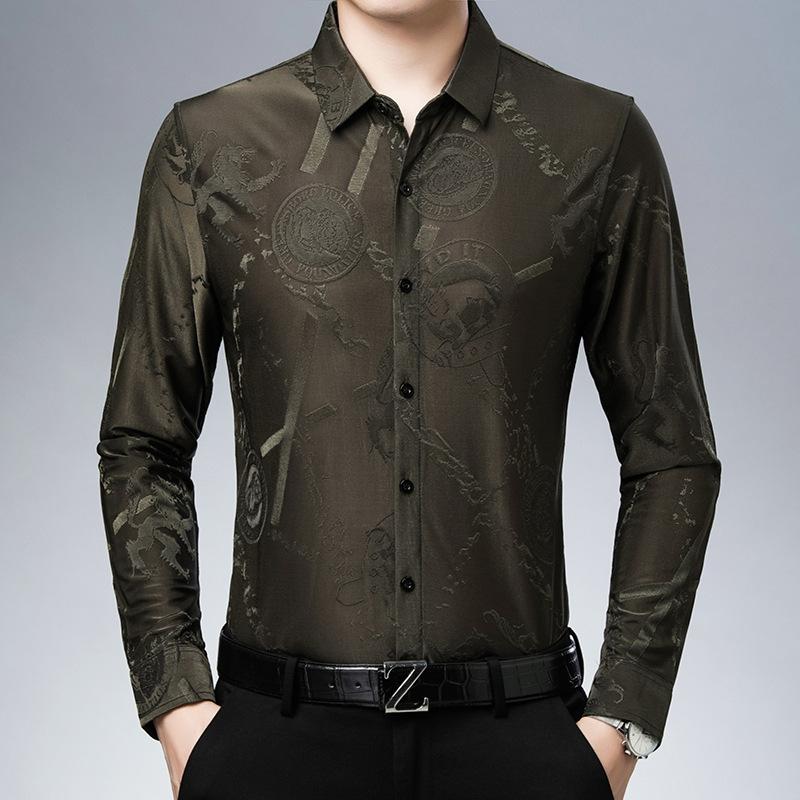 Men's Floral Long-sleeved Ice Silk Shirt, Fashionable Large Floral Shirt, Autumn Dad Wear, Casual Middle-aged Shirt for Men