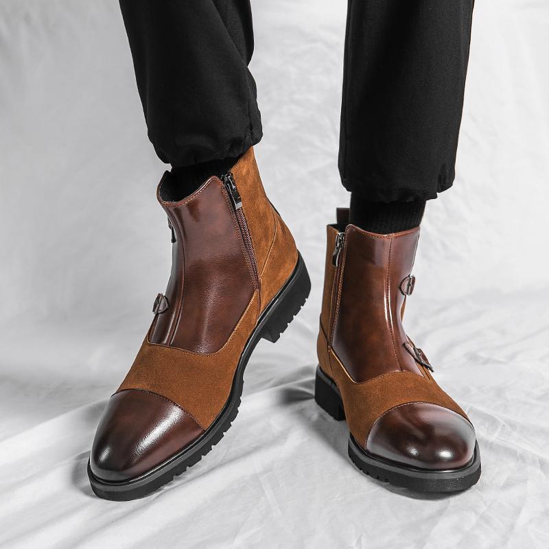 Fashion British New Winter Pointed Toe Men Mid-calf Business Boots Buckle Strap Boots Leather Monk Strap Shoes Street Motorcycle Boots