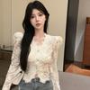 Женская кружевная блузка с французским V-образным вырезом, 2025: Крючком, Длинный рукав, Приталенный крой, Осень/Зима