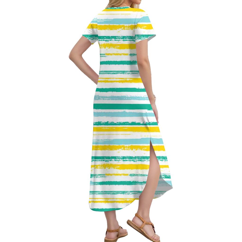 Женское длинное платье-рубашка с V-образным вырезом, повседневное, с коротким рукавом и свободным разрезом