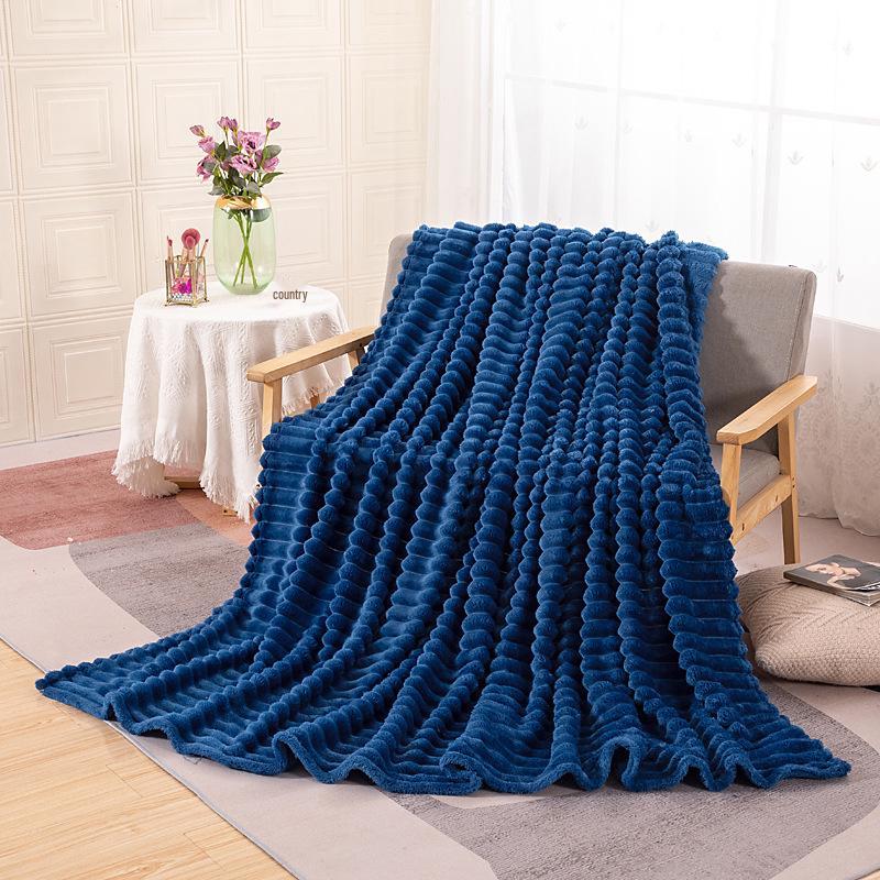 350g Rabbit Fur Stripe Flannel Coral Fleece Nap Blanket