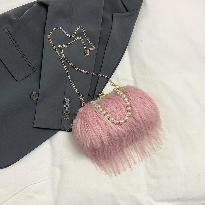 Furry Crossbody Bag with Pearl Handle Fashion Chain Plush Shoulder Bags for Women Soft Faux Fur Evening Party Purse