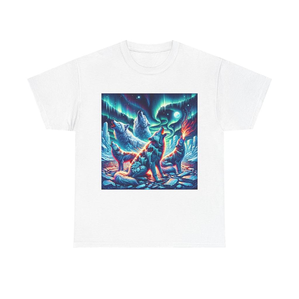 Unisex Adult T Shirt Arctic Wolves in Frostfire Aurora