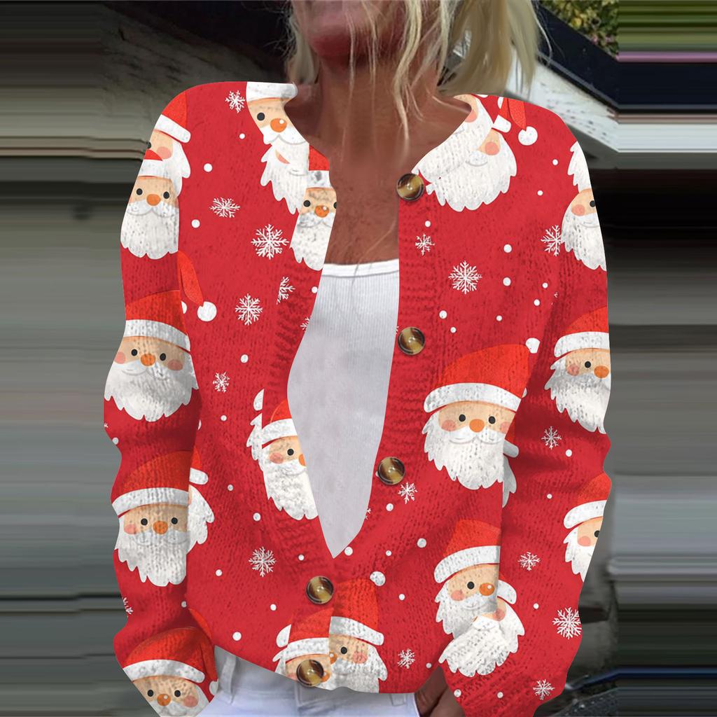 Женская мода рождественский принт длинный рукав вязаный кардиган пуховик