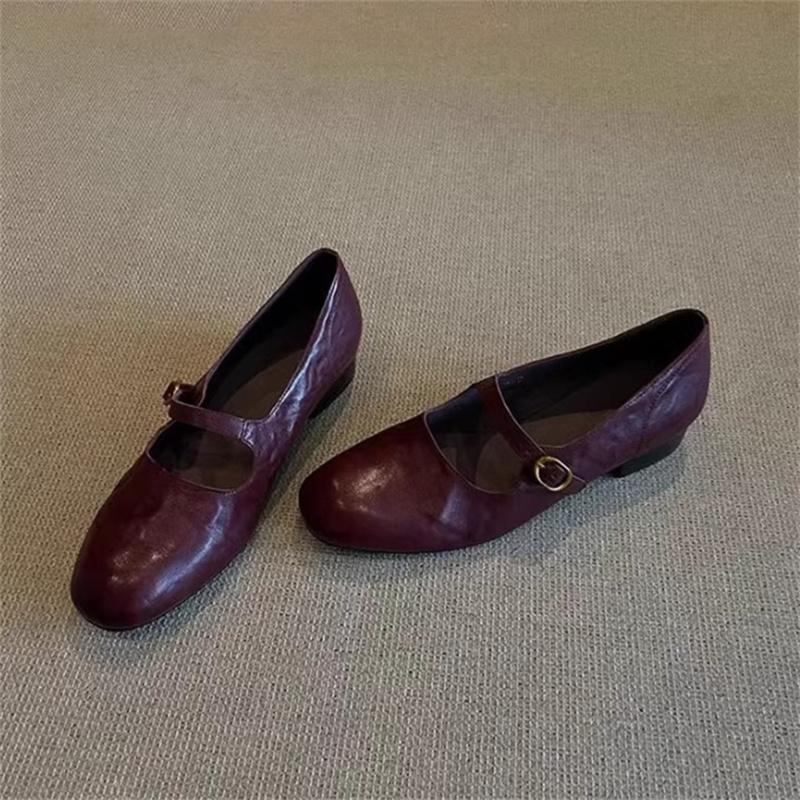 Модные туфли-лодочки из натуральной кожи для женщин, туфли Мэри Джейн на плоской подошве, женская ретро-простая обувь на низком каблуке