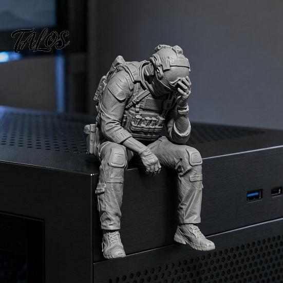 Talos 3D Printed Soldier Figurine Ornament, Sitting Tactical Statue, Funny Tired Sculpture for Table Shelf Edge Decor