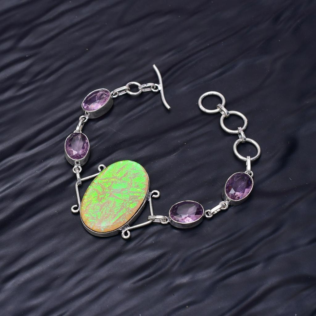 Triplet Opal & Pink Kunzite Gemstone : 925 Sterling Silver Handmade Multi Gemstone Bracelet Jewelry