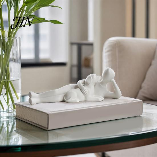 Modern Abstract Art Decor 3D Printed Man Lying on Dog Statue, Minimalist Human Pet Desktop Ornaments for Owners Figurine, Matte Black Sculpture