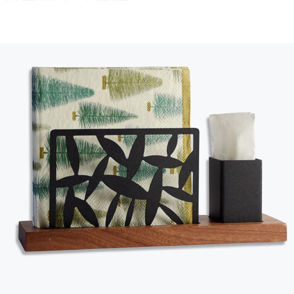 Square Tissue Dispenser Stainless Steel Napkin Paper Organizer with Wood Base Paper Towel Storage Rack for Kitchen