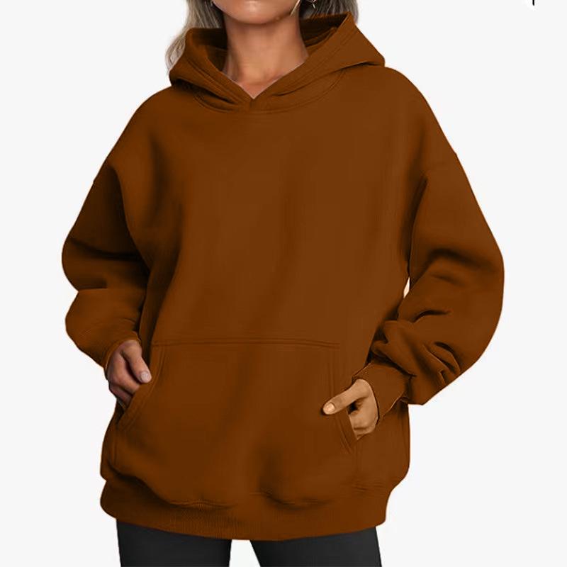 Women's Solid Color Fleece Hooded Sweatshirt - Autumn/Winter, Long Sleeve, Street Hip-Hop Style, Loose Fit, with Pockets.