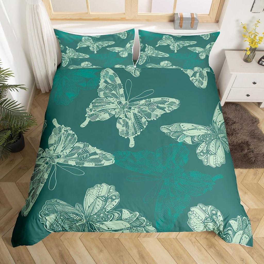 Teal Purple Butterfly Duvet Cover Queen King Size Floral Boho Decor Aesthetic Mandala Bedding Butterfly Print Set 3 Pcs