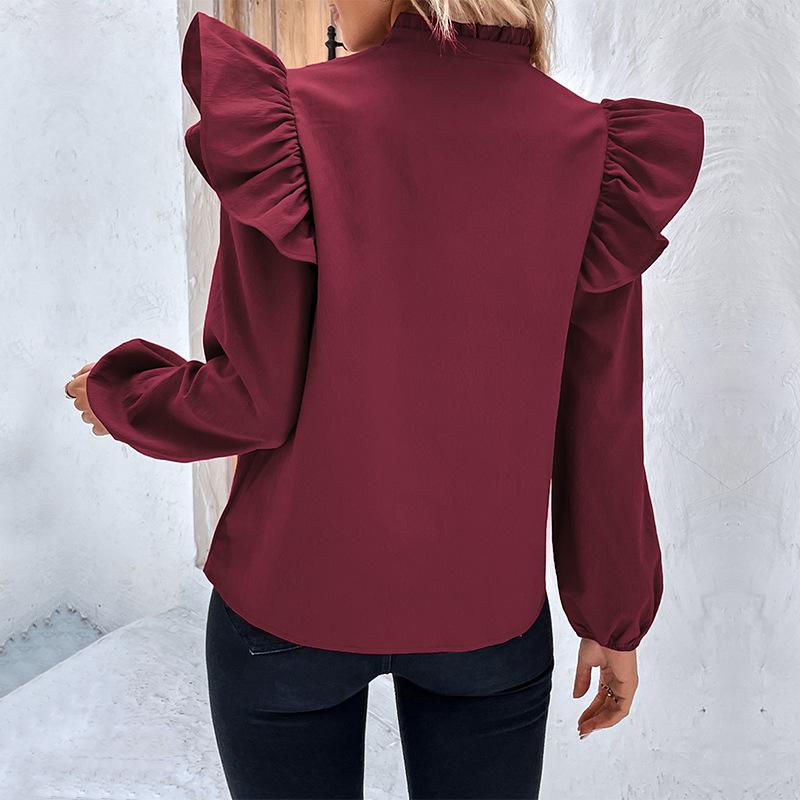 YYFS Women's Fashion Casual Solid Color Print Long Sleeve V-Neck Blouses & Shirts