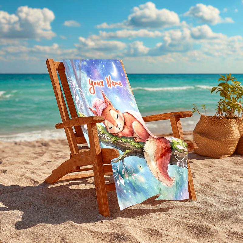 1PC Custom Name Squirrel Dreams Moonlight Beach Towel Highly Absorbent And Sand-Resistant Towel for Swimming, Pool, Yoga, And Travel Lightweight
