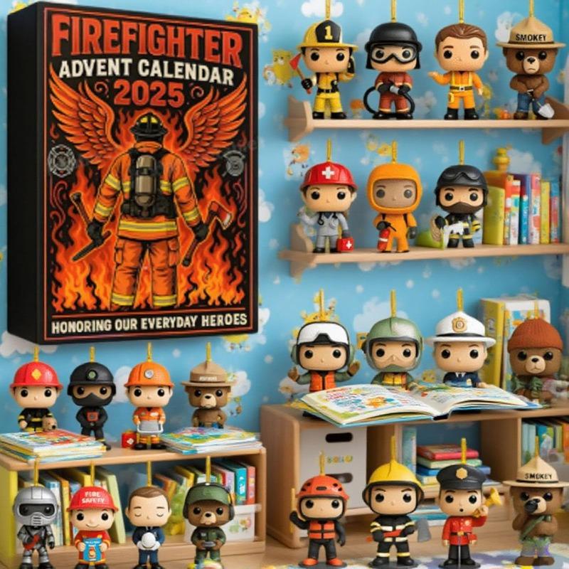 Firefighter Advent Calendar 2025, 24 Days Christmas Countdown Calendar With 2D Flat Acrylic Firefighter Themed Decorations,Gift For Firefighter