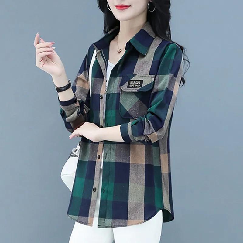 Весенне-осенняя мода Принтованная Сшивная Карманы Клетчатая Рубашка Женская Одежда Новые Повседневные Топы Корейская Блузка