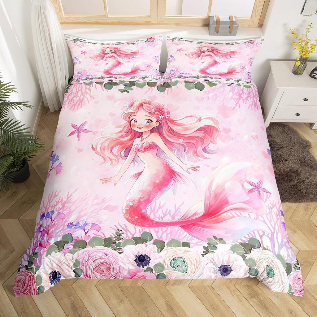 Cute Mermaid Tail Duvet Cover Set Queen King Size Fairy Tale Themed Princess Bedding 3 Pcs For Girls Bedroom Decor Super Soft