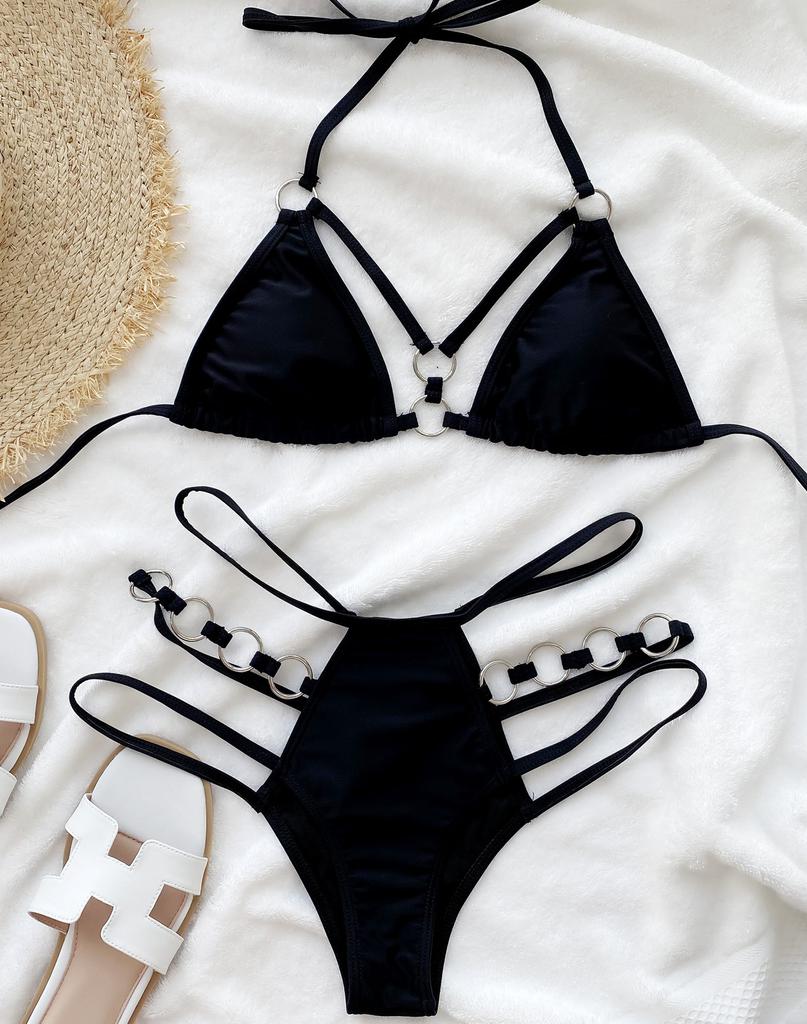 Women's Swimwear Solid Halter Bikini Back Tie Swimsuit Triangle Swimsuit Set 5 Colour