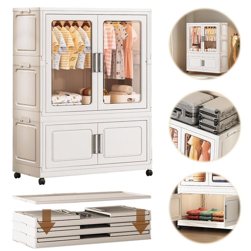 Mobile Wardrobe Clothes Organizer with Haging Rod & Cabinet Clothing Storage Shelf Wardrobe Closet Rack for Bedroom Living Room