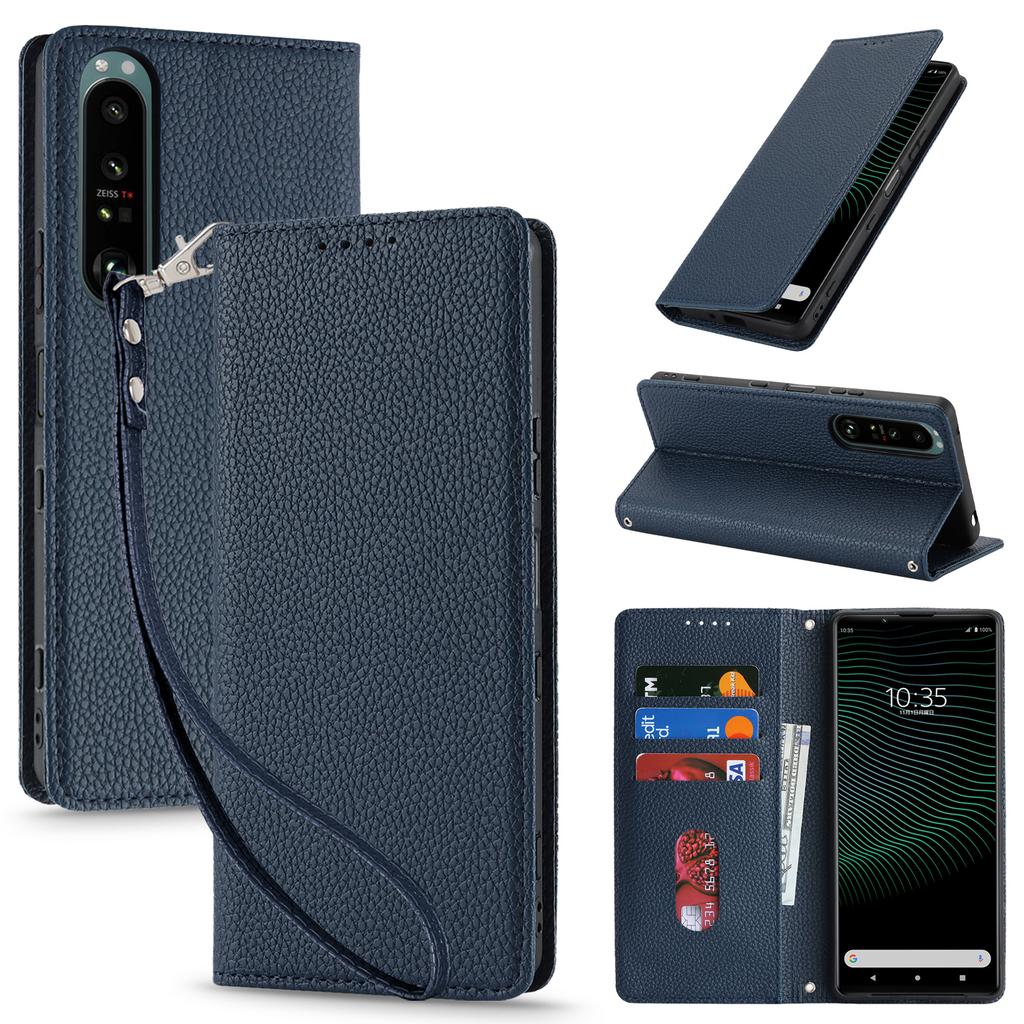 For Sony Xperia 1 IV 5G Case Stand Wallet Litchi Texture Leather Flip Phone Cover with Strap