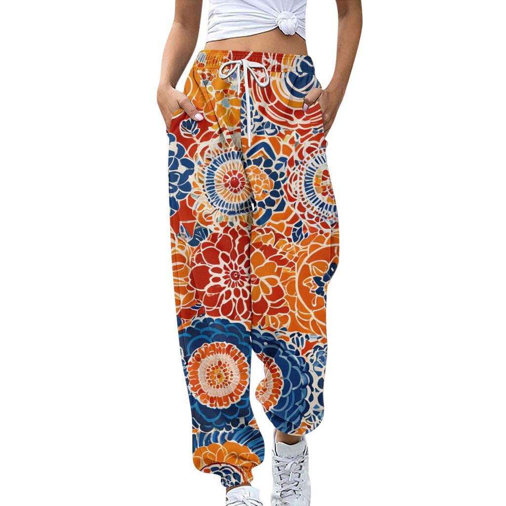 Women's Sports Pants With Pockets Fashion Floral Print Elastic Waist Pants Casual Sweatpants Pants