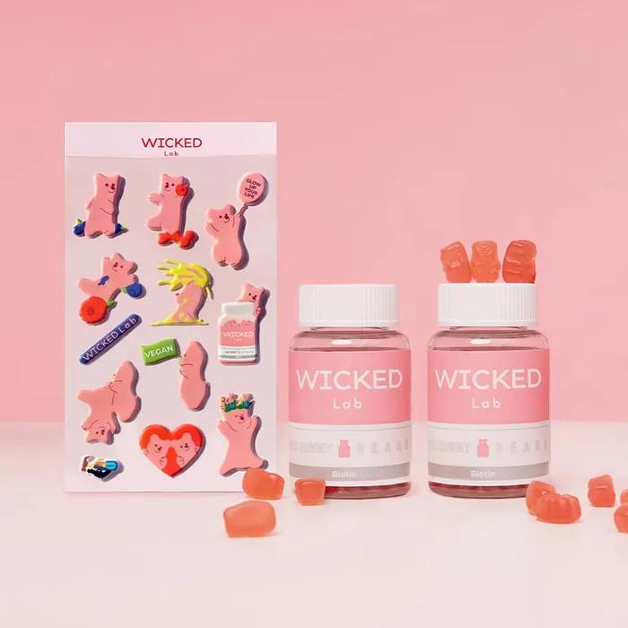 Wicked Lab Розовый Мишка Жевательный 2 Бутылки Высококонцентрированный Биотин Мультивитамины Овощное Веганское Желе (80 мармеладок) (+ Пенопластовая наклейка)
