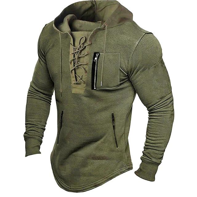 Men's Hooded Zip-Up Sweatshirt with Chest Pocket, Military Green, Olive, Brown, Gray, Black
