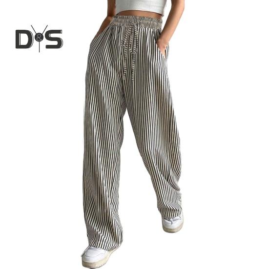 Женские брюки, регулируемые по талии, с эластичной резинкой на шнурке, длинные брюки средней посадки с карманами, широкие повседневные брюки с полосатым принтом