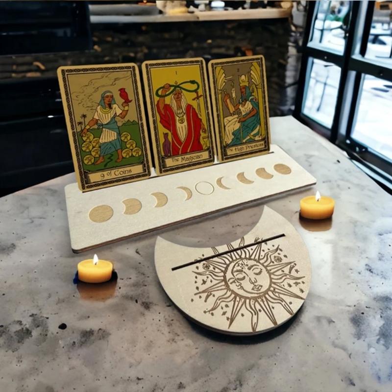 2 Pieces Wooden Tarot Card Stand Holder, Moon Shape and Rectangle Wooden Tarot Card Display Stand Base for Oracle Lenormand Meditation