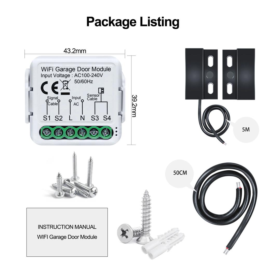 Tuya WiFi Smart Garage Door Switch Module 100V-240V Sensors Opener Controller Timming App Control Works with Alexa Google Home