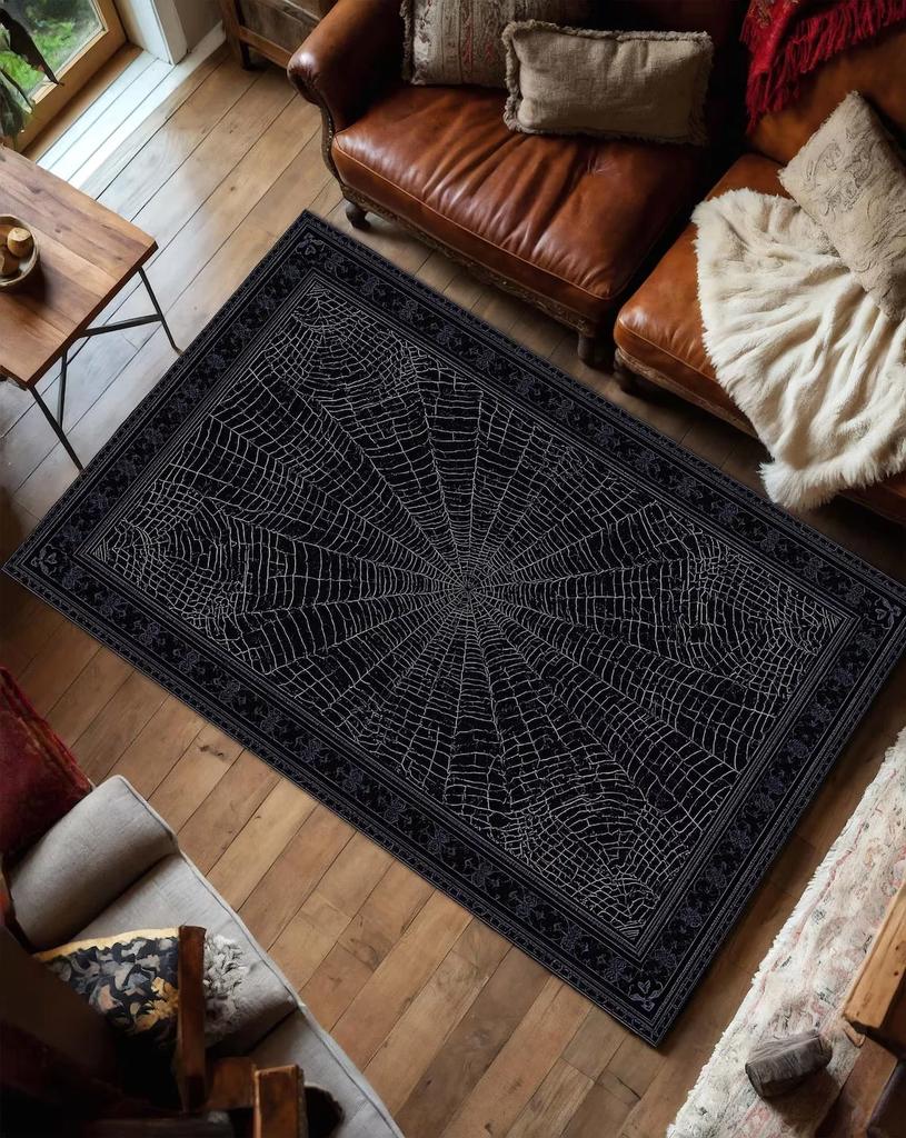 VIKAMA Gothic Spider Web Area Rug, Non-slip Washable Stain Resistant Carpet, Black Red Decor For Living Room Bedroom Home