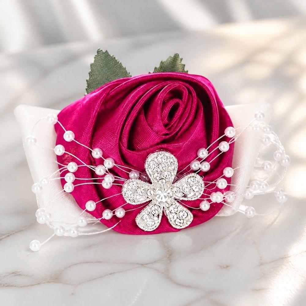 2pcs Pearl Rhinestone Wrist Corsage Rose Red Bridal Wrist Flower Hand Flower For Bridal Party