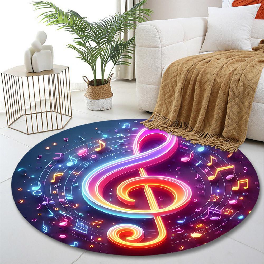 Colorful Neon Musical Treble Clef Design Print round rug, living room, bedroom, playroom carpet, non slip floor mat, gift