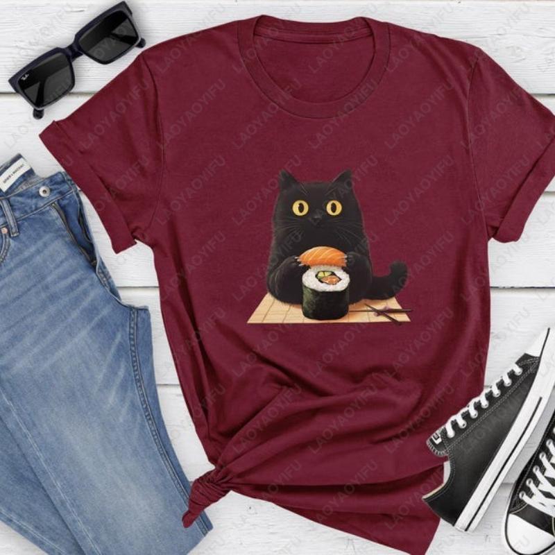 Sushi Cat Unisex Adult Cotton TShirt Creative Trend Kawaii Japanese Foodie Simple Style Oneck Printed Tops Clothes For Women