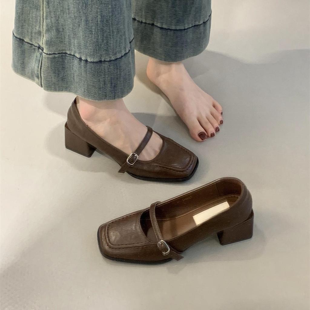 Retro Square Head High Heels, Shallow Mouth Single Shoes, Women's Spring and Autumn New French Temperament, Evening Breeze Thick Heel Leather Shoes