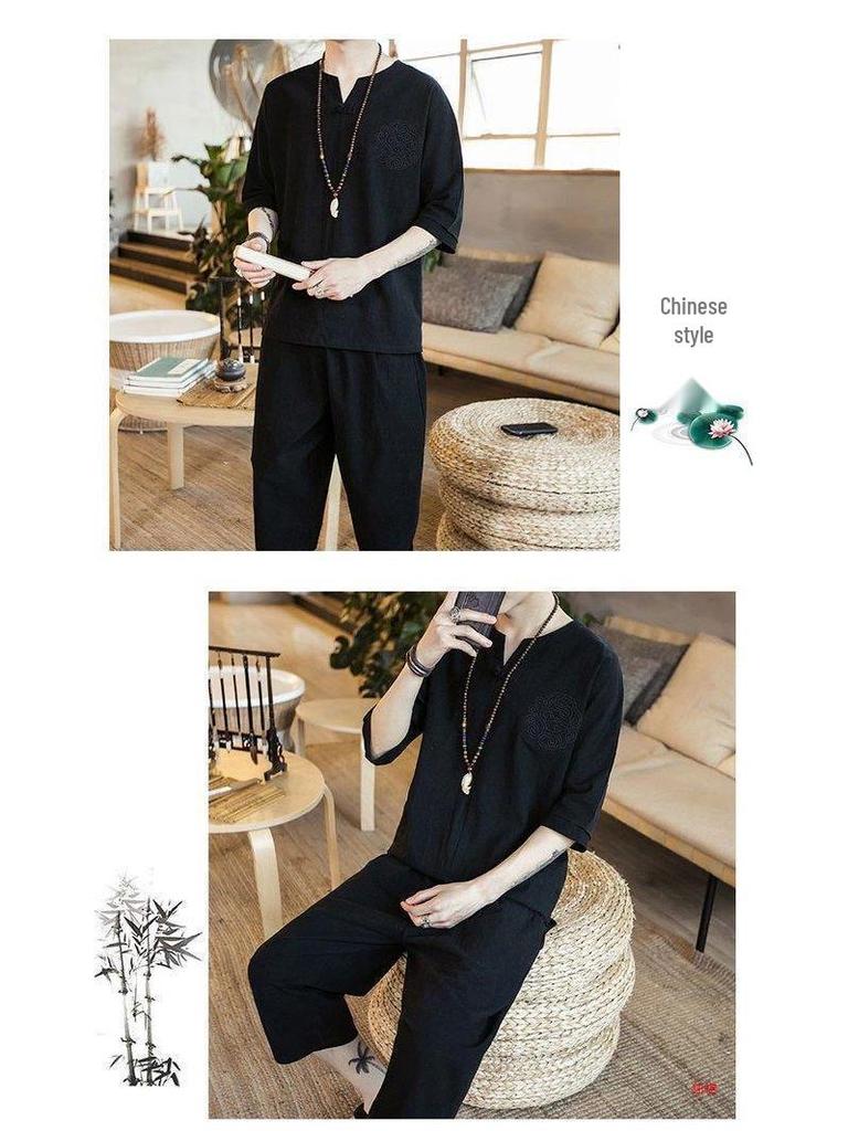 Men's Chinese Linen Pajama Set: Short Sleeve Hanfu Top with Frog Buttons and Cotton Linen Capri Pants In Trendy Loose Fit