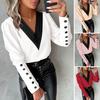 Women Fall Spring Shirt V Neck Button Decor Long Sleeve Contrast Color Soft Patchwork Pullover OL Commute Style Lady Spring Top Blouse