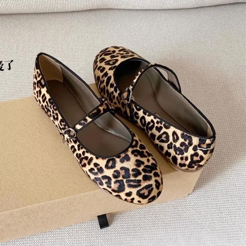 Luxury Brand Designer Leopard Suede Mary Jane Shoes Women Metal Belt Buckle Non-slip Soft Bottom Ballet Shoes Light Cozy Flats