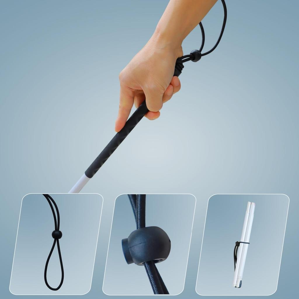 Алюминиевая складная белая трость с четырьмя секциями и двумя наконечниками для слабовидящих и слепых (Черная рукоятка, 130 см)