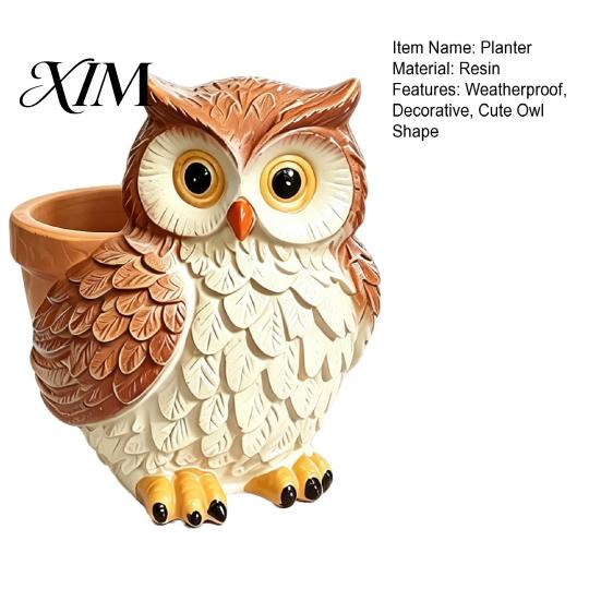 Weatherproof Courtyard Ornament Cute Cartoon Owl Planter, Resin Small Planter Pot, Decorative Creative Gardening Gifts Plant Pot for Succulents,