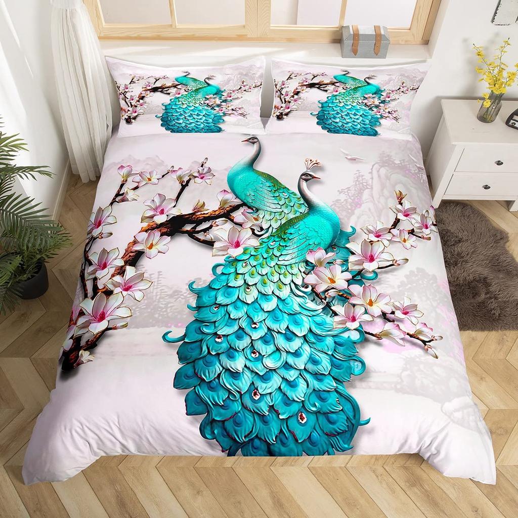 Комплект пододеяльника с павлинами Простой узор из павлиньих перьев Пододеяльник на кровать размера Queen для девочек и женщин Комплект из 3 предметов постельного белья Декор спальни