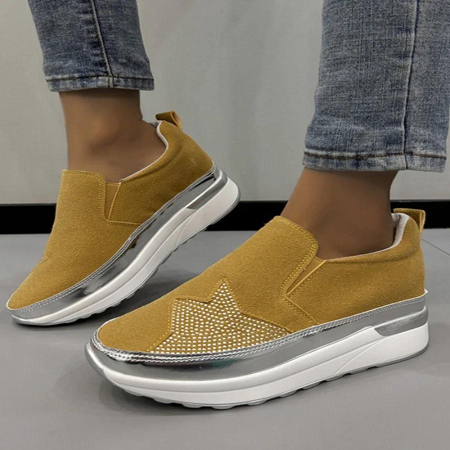 Обувь для женщин 2024 года, новые женские кроссовки из вулканизированной кожи, кроссовки для активного отдыха на платформе со стразами, женская повседневная обувь