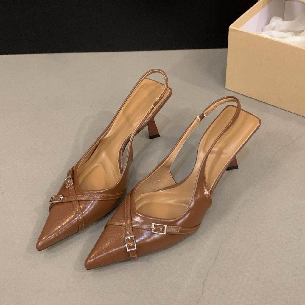 Нишевые французские черные туфли на высоком каблуке, сумка, сандалии с головкой, женская обувь 2025, новая летняя темпераментная обувь для светской львицы с острым носком, одинарные туфли