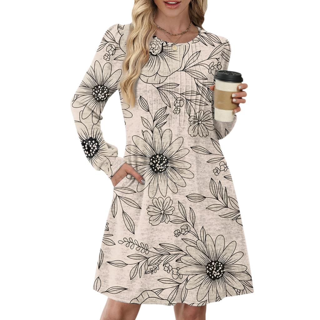 Женское повседневное платье с длинным рукавом, плиссировкой, круглым вырезом, цветочным принтом и карманами