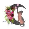 Halloween Moon Cat Wreath for Front Door Crescent Moon Wreath Sign with Artificial Rose Flowers for Gothic Home Decoration