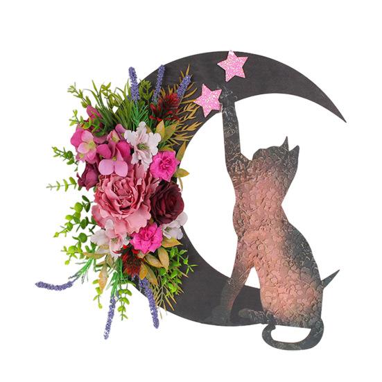 Хэллоуинский венок «Лунный кот» для входной двери, венок в виде полумесяца, табличка с искусственными цветами роз для готического домашнего декора