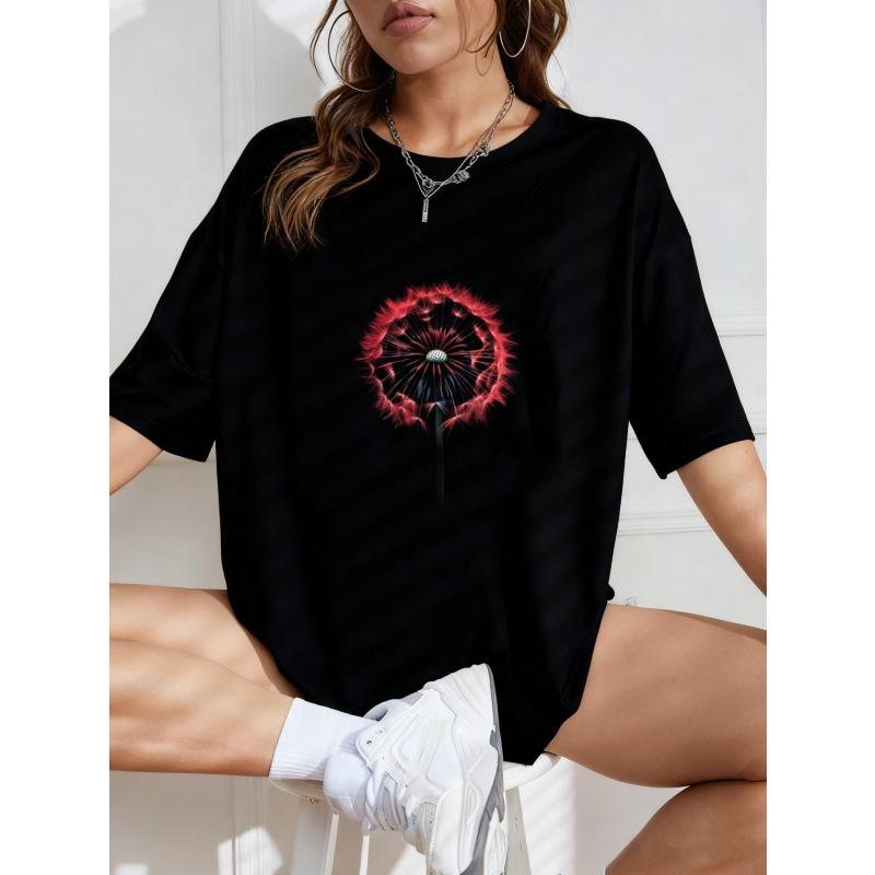 White Oversized T-Shirt With Red Dandelion Print For Casual Wear