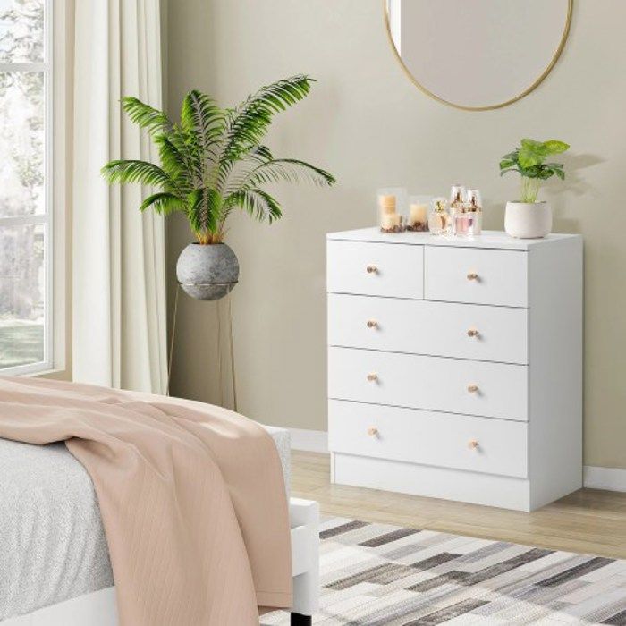ALIGHTUP - Commode - 5 tiroirs -Meuble de chambre - 66 x 33 x 73 cm, pour Chambre, Blanc et Couleur Boisée