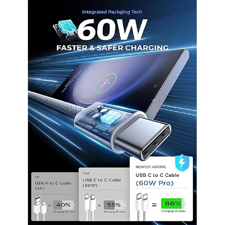 1M 1.5M 3M Type C на Type C Цветной кабель Для PD 60W Кабель быстрой зарядки Для iPhone 15 Series Samsung Xiaomi Type-C Плетеный кабель
