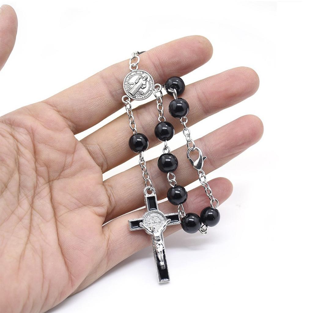 Fashion Simple Dangle Cross Bracelet Black Beads Jesus Pendant Bracelet for Women Anniversary Couple Jewelry Presents