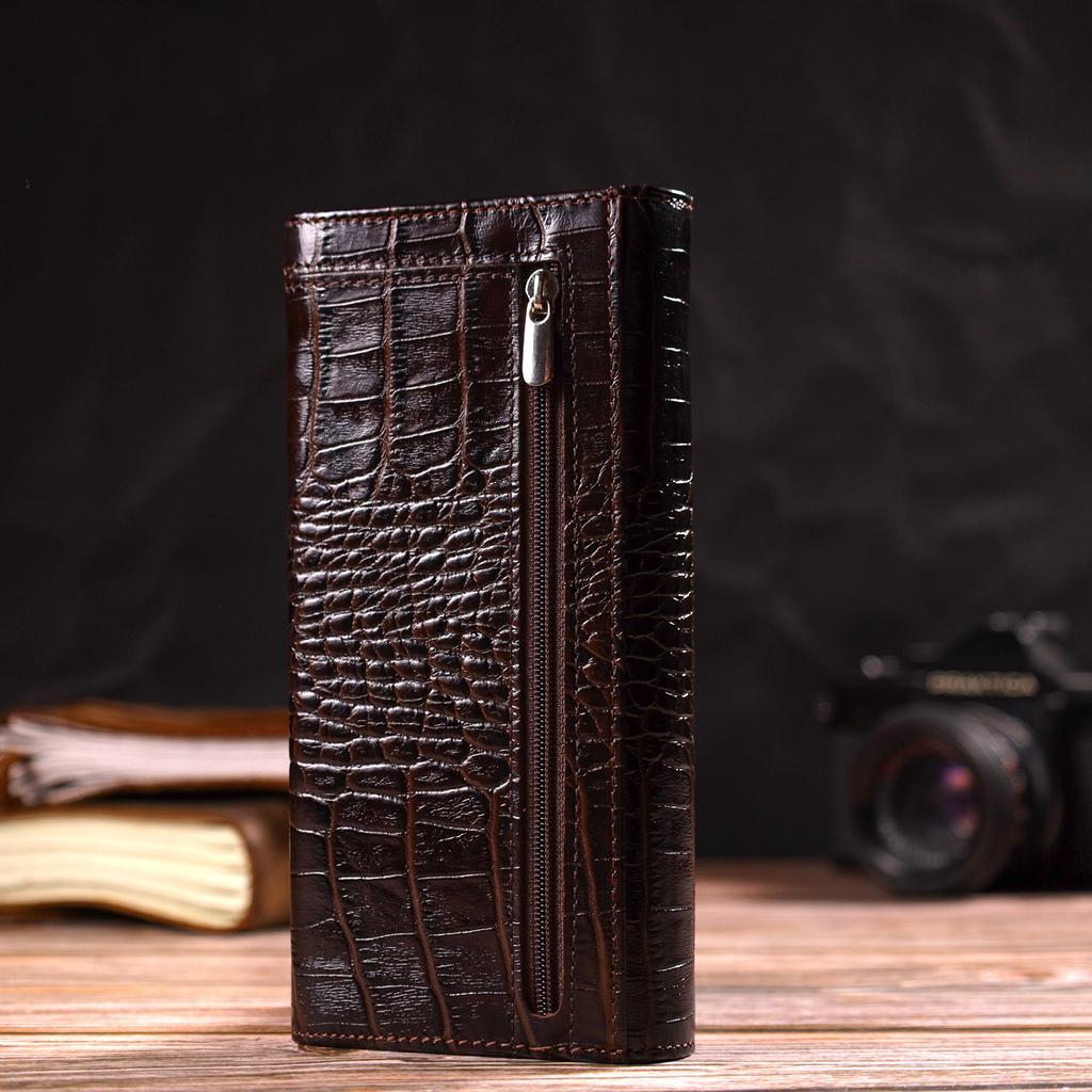 Fashionable Wallet for Women Made of Genuine Textured Leather with Crocodile Embossing CANPELLINI 21726 Brown